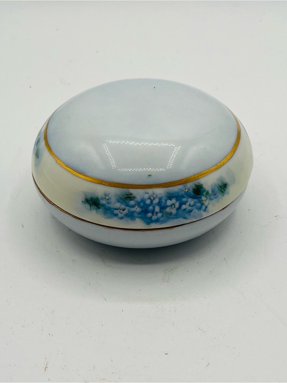 Limoges White Porcelain Box with Blue Floral Band and Gold Trim